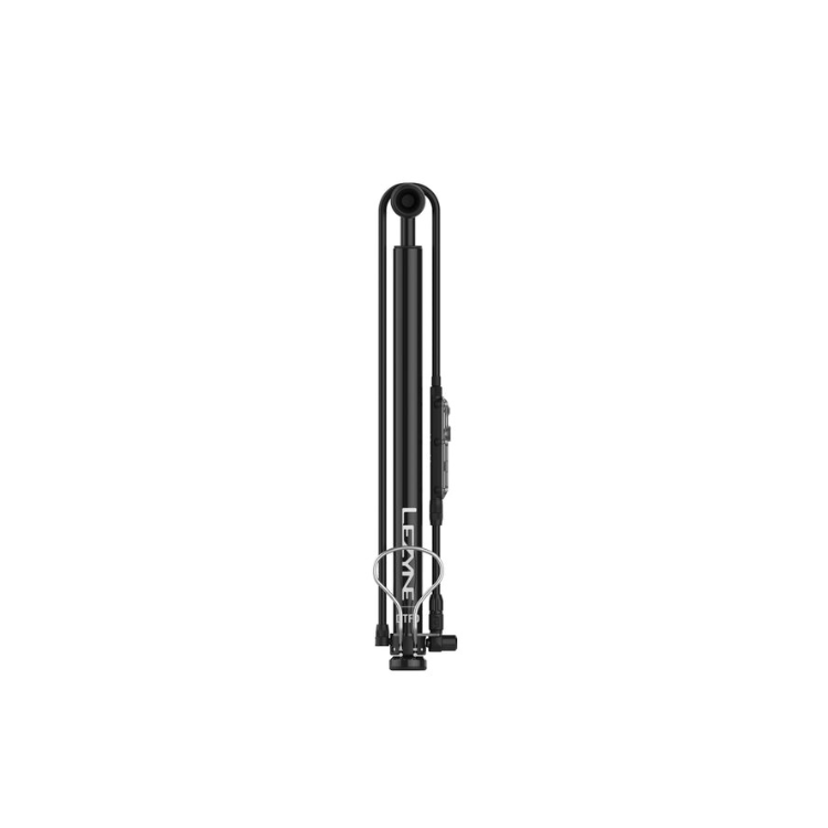 Front view of Lezyne floor pump with black barrel and digital gauge hose attachment.