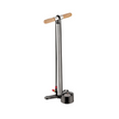 Lezyne floor pump with polished steel barrel, wooden handle, and large analog pressure gauge.