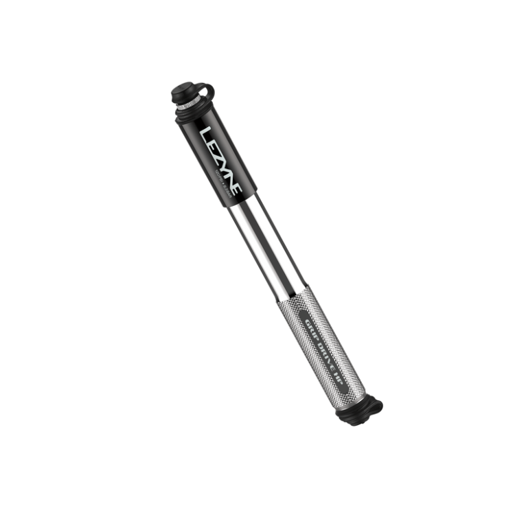 Silver Lezyne Grip Drive HP large-size mini hand pump with knurled grip, ideal for road bikes.