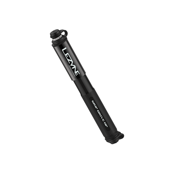 Compact black Lezyne Grip Drive HP mini hand pump with knurled grip for secure handling.