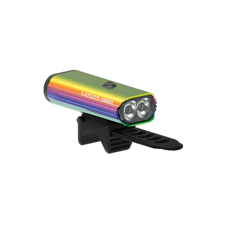 Lezyne Lite Drive 1000XL with a stunning rainbow finish, featuring dual LEDs for high-performance lighting on a bike.
