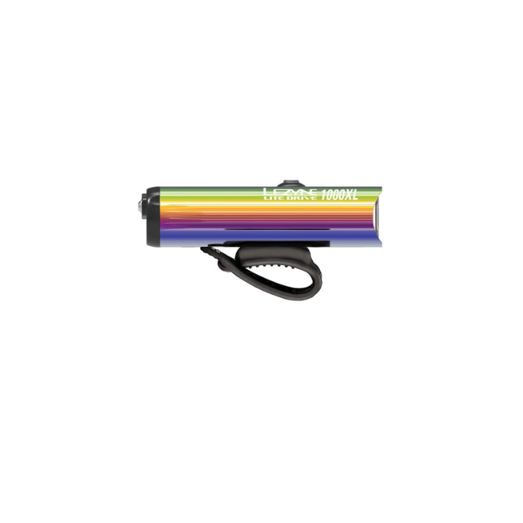 Lezyne Lite Drive 1000XL in a vibrant rainbow color with a durable strap mount, offering powerful lighting for cycling safety.
