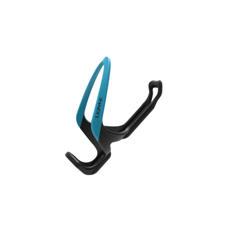 Lightweight Lezyne bottle cage in black and blue for secure hydration on rides.