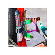 Lezyne CNC bottle cage and pump in oil slick finish mounted on a red bicycle frame.