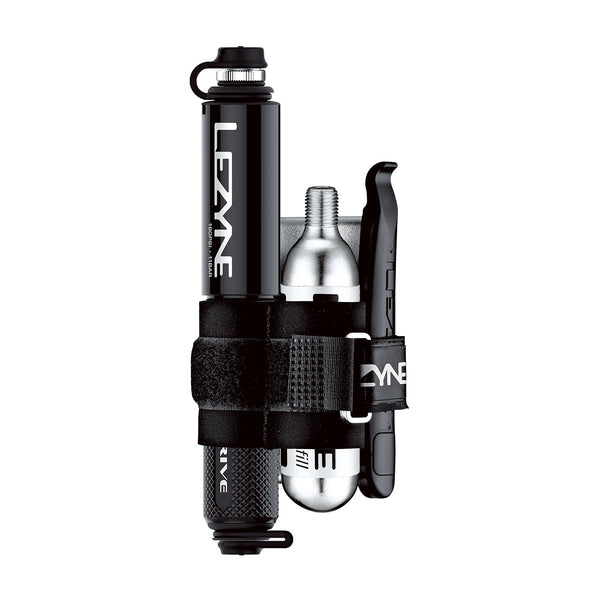 Lezyne Pocket Drive mini pump mounted with CO2 cartridge and lever kit in a compact Velcro strap holder.