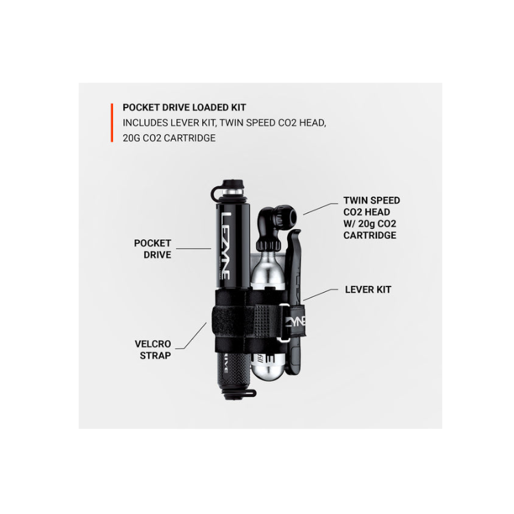 Lezyne Pocket Drive loaded kit including mini pump, CO2 cartridge, CO2 head, and tire levers secured with Velcro strap.