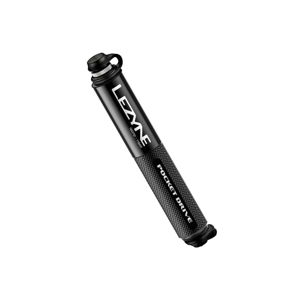 Compact black Lezyne Pocket Drive hand pump with knurled grip for cycling.