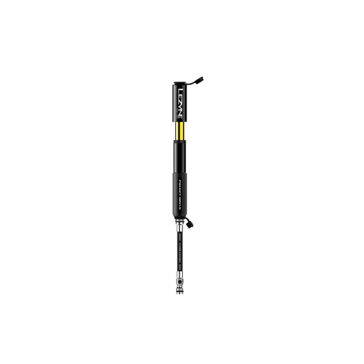 Extended Lezyne Pocket Drive mini pump with yellow piston and flex hose attached.