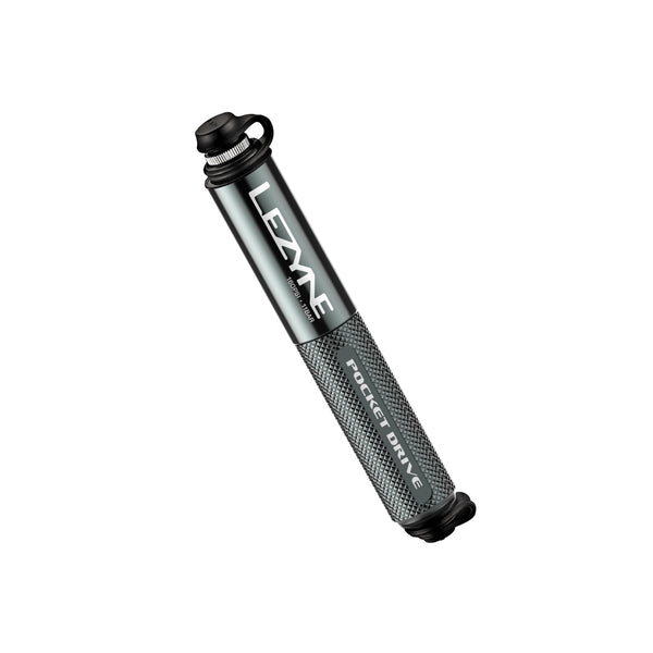Metallic grey Lezyne Pocket Drive bike hand pump with textured grip for firm handling.