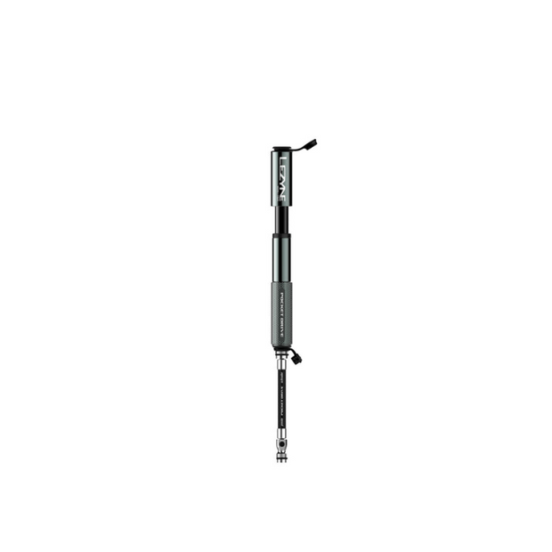 Metallic grey Lezyne Pocket Drive hand pump fully extended with flexible hose.