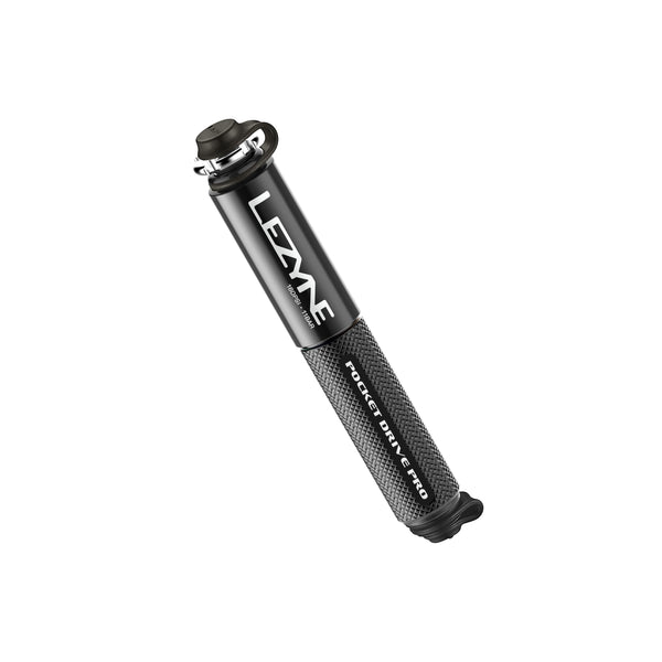 Durable Lezyne Pocket Drive Pro mini pump in sleek black finish with knurled aluminum grip.
