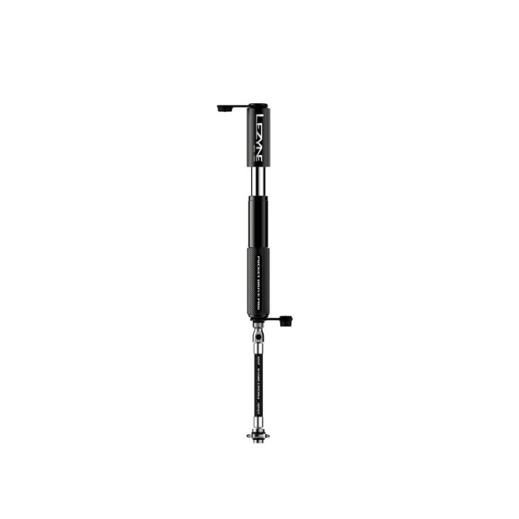 Lezyne Pocket Drive Pro in black displayed extended with CNC machined flex hose.