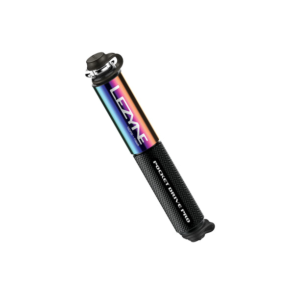 Compact Lezyne Pocket Drive Pro hand pump in neo metallic black with knurled handle.