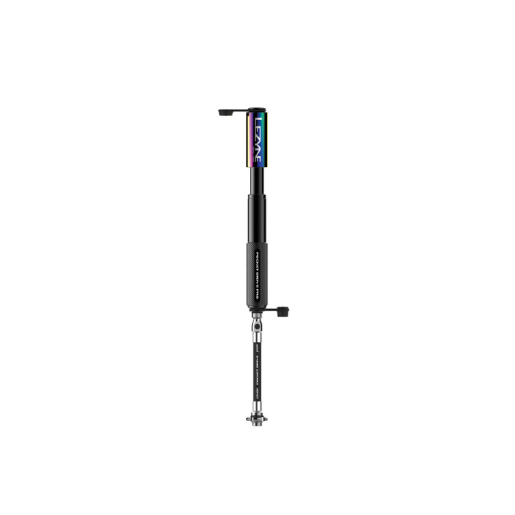 Lezyne Pocket Drive Pro pump in neo metallic black shown extended with connected flex hose.