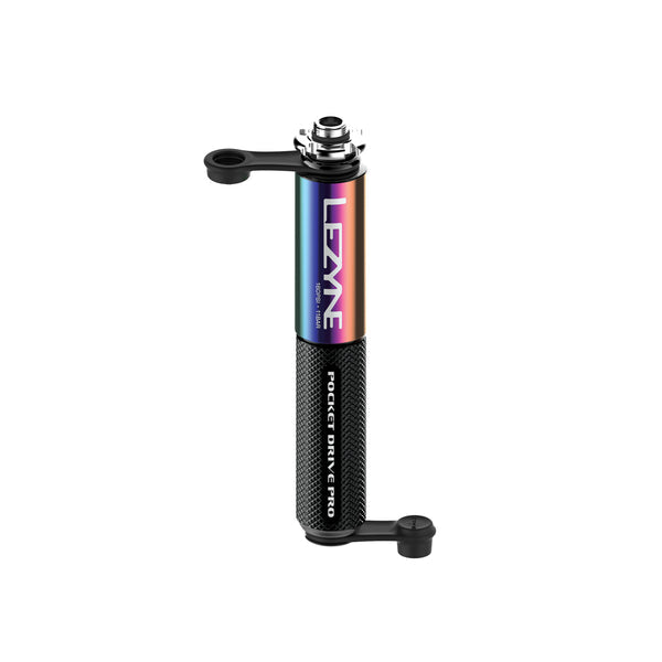 Lezyne Pocket Drive Pro in neo metallic black shown upright with extended valve attachment.
