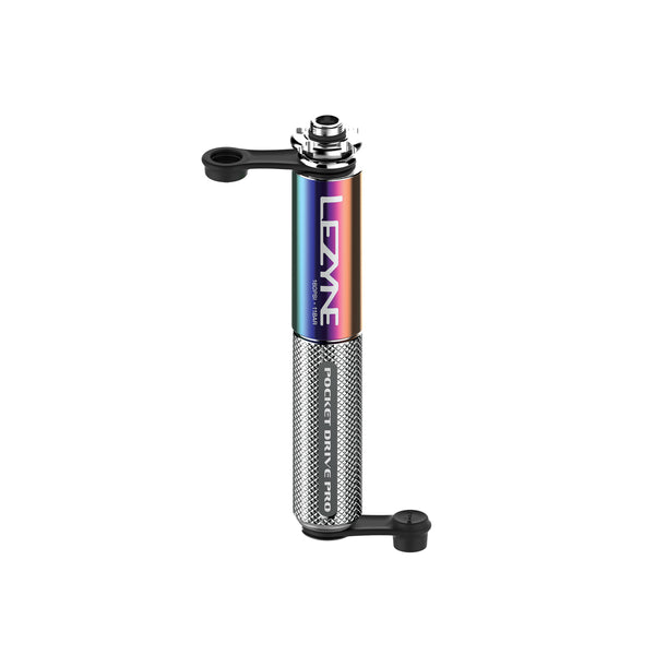 Neo metallic silver Lezyne Pocket Drive Pro pump with flexible hose and valve extended.
