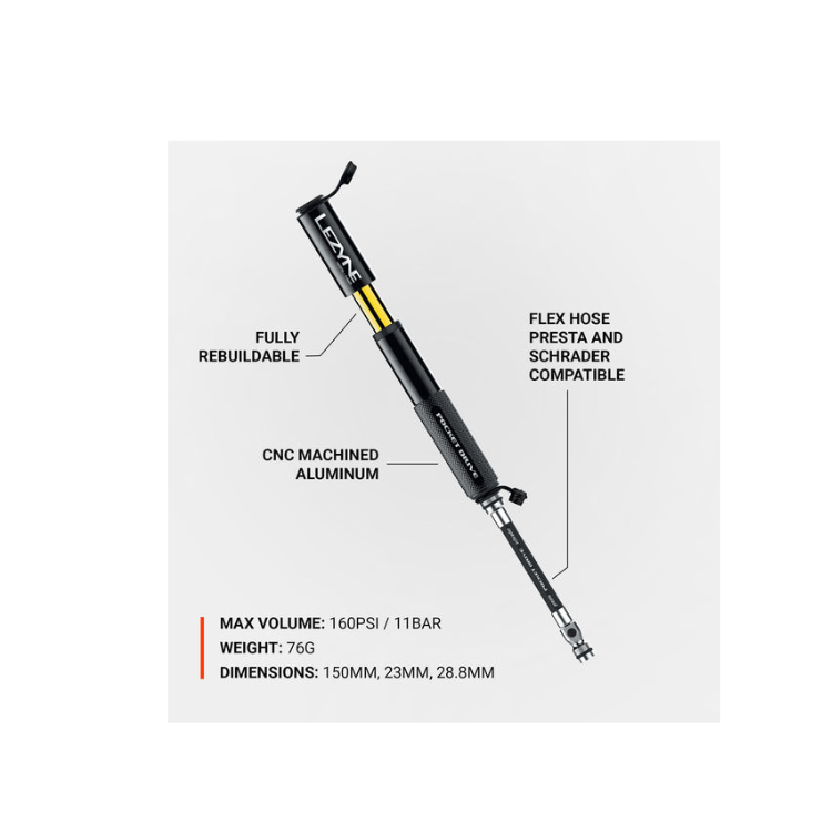 Product features of Lezyne Pocket Drive mini pump including compact size, lightweight aluminum construction, and efficiency.