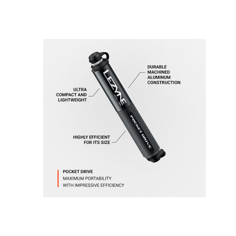 Technical breakdown of Lezyne Pocket Drive mini pump showing flex hose, CNC aluminum body, and 160 PSI max volume.