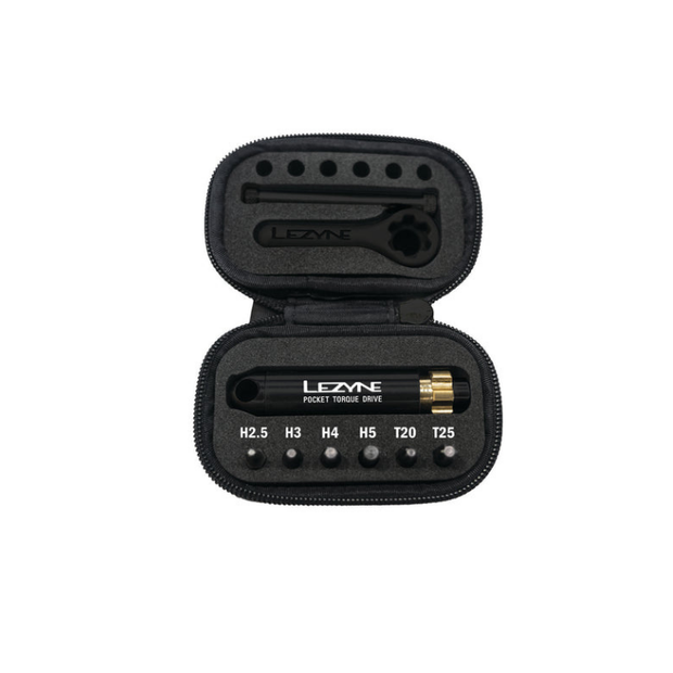 Lezyne Pocket Torque Drive set in protective case with multiple hex and Torx bits.