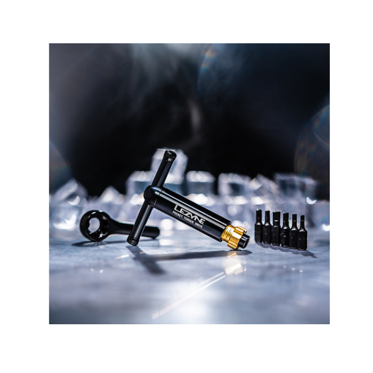 Lezyne Pocket Torque Drive tool displayed with interchangeable hex and Torx bits.
