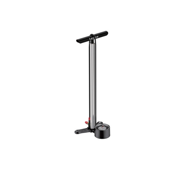 Lezyne floor pump with polished steel barrel, black handle, and oversized analog gauge at the base.