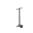 Lezyne floor pump with polished steel barrel, wooden handle, and oversized analog gauge at the base.
