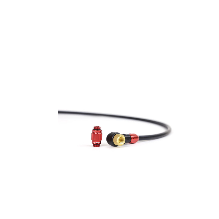 Close-up of Lezyne pump hose with red and gold ABS chuck adapter for bicycle tire valves. 