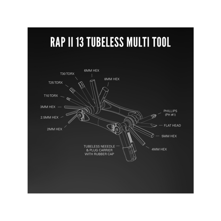 Lezyne RAP II 13 Tubeless Multi Tool with 13 functions, including Torx, hex wrenches, Phillips screwdriver, and tubeless needle & plug carrier.