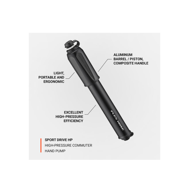 Lezyne Sport Drive HP pump diagram showing lightweight, high-pressure features.
