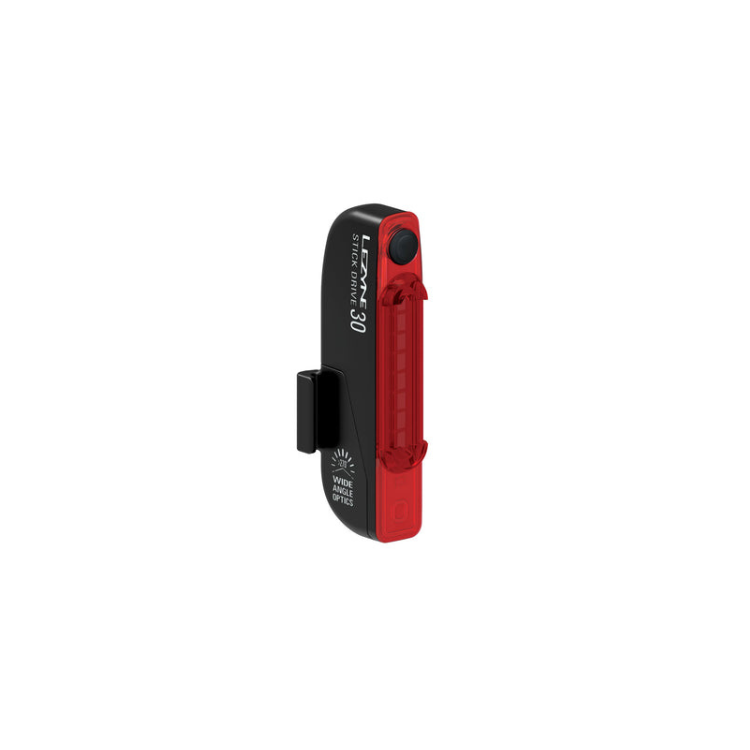 Lezyne Stick Drive 30 bike tail light with red LED light, compact design, and wide angle optics, mounted on a bike.
