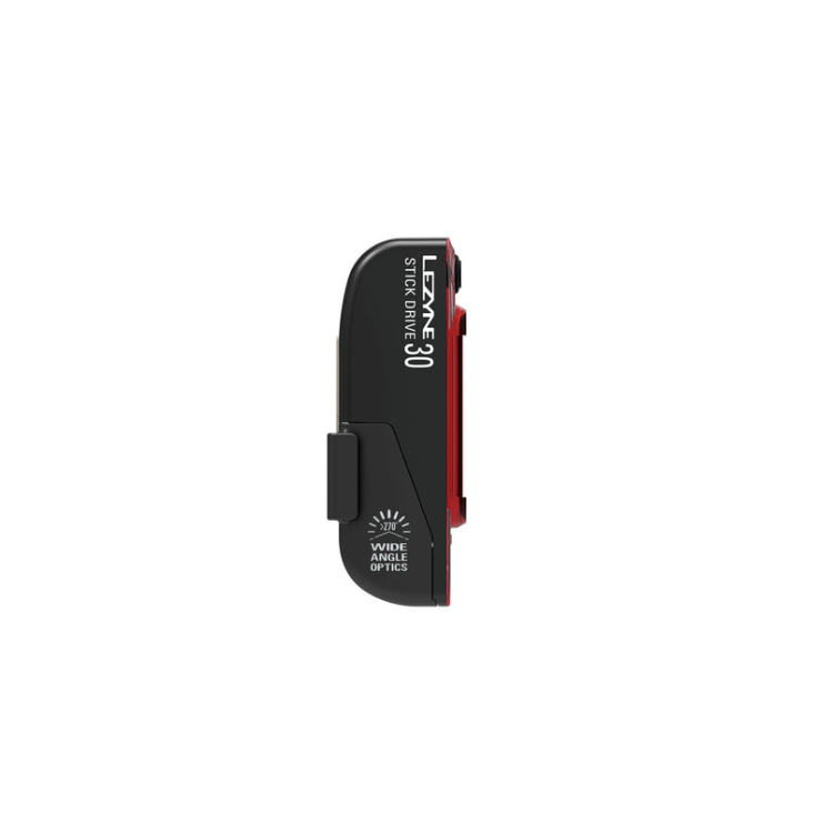 Lezyne Stick Drive 30 bike tail light featuring wide angle optics, compact design, and USB rechargeable functionality mounted on a bike.