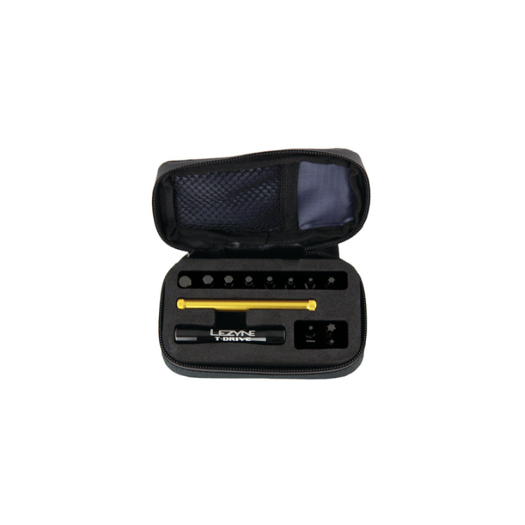 Lezyne T-Drive multitool kit in black zip case with bits and handle inside foam cutout