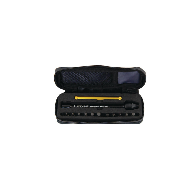 Lezyne Torque Drive set with gold handle and bits neatly stored in a zippered carry case.