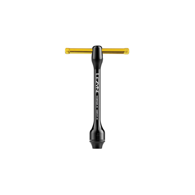 Lezyne Torque Drive tool featuring a slim black body and metallic gold T-handle.