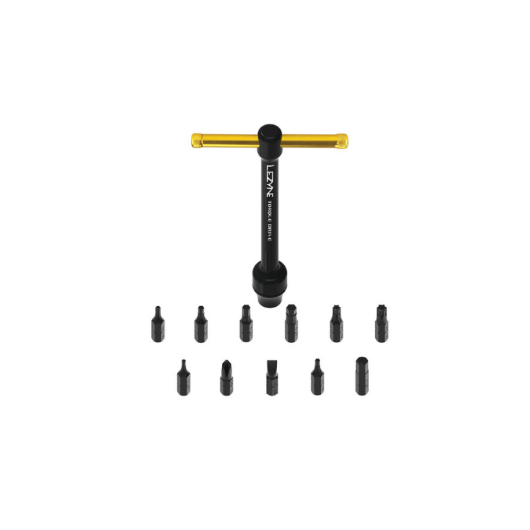 Lezyne Torque Drive wrench displayed alongside a full 12-piece precision bit set.