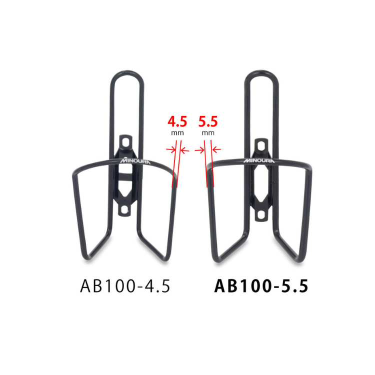 Black Minoura AB100-4.5 and AB100-5.5 bottle cages showing 4.5mm vs 5.5mm spacing difference.