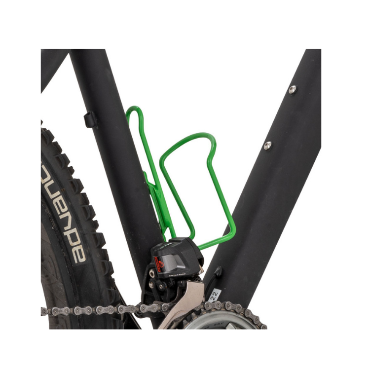 Close-up view of a green Minoura AB100 bottle cage securely mounted on a black bicycle frame.
