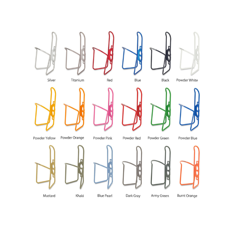 Full color lineup of Minoura alloy bottle cages in 18 vibrant finishes.