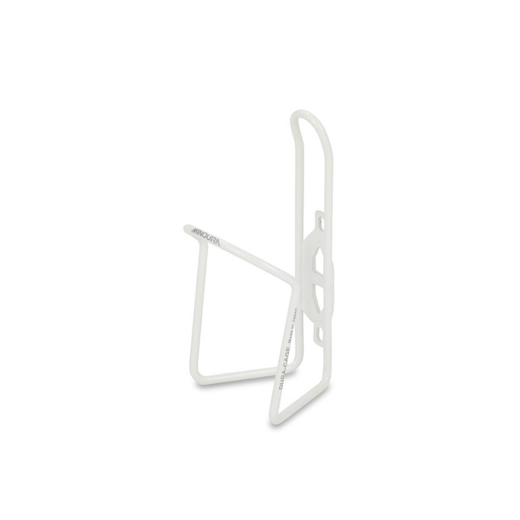 Sleek white Minoura bottle cage offering clean design and dependable bottle support.