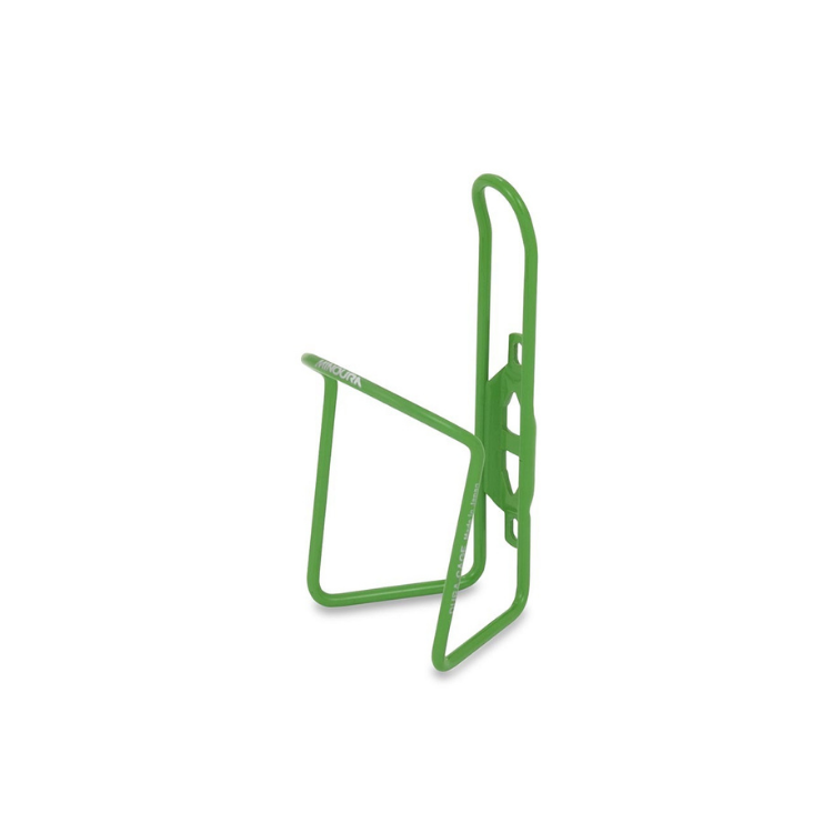 Sleek green Minoura bottle cage offering secure fit and lightweight durability for cyclists.