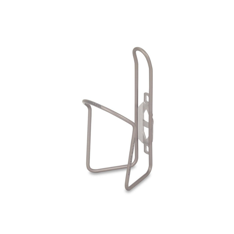 Durable matte silver Minoura bottle cage with lightweight and secure fit for cycling bottles.