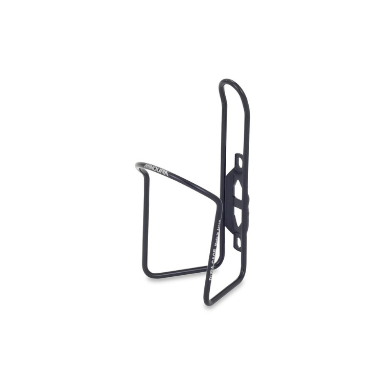 Lightweight black Minoura bottle cage shown in side angle view for sleek design.