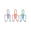 Three Minoura bottle cages in purple-blue, red-orange, and green-blue gradient, front-facing display.