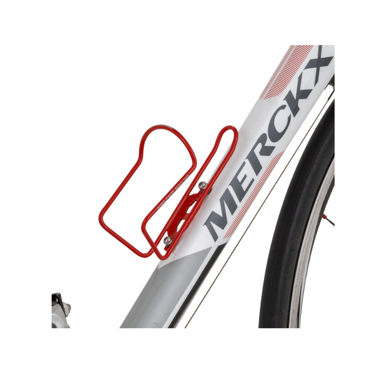 Close-up of a red Minoura bottle cage attached to the down tube of a MERCKX road bike.