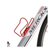 Close-up of a red Minoura bottle cage attached to the down tube of a MERCKX road bike.