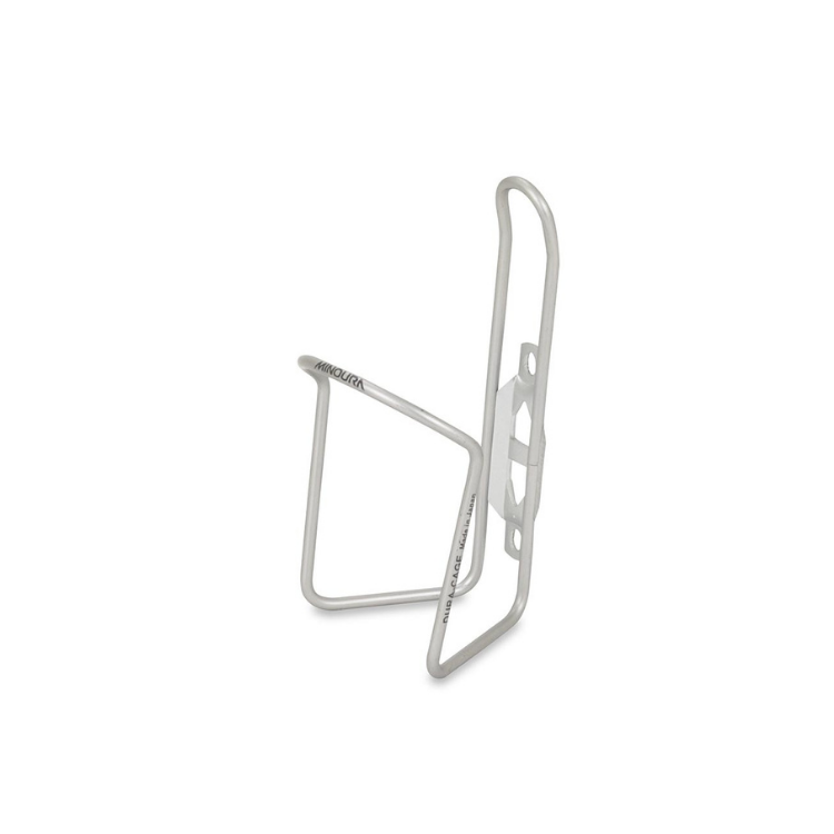 Sleek silver Minoura bottle cage in a lightweight side profile design