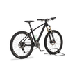 Black mountain bike equipped with a green Minoura AB100 bottle cage and supported by a front wheel bike stand.
