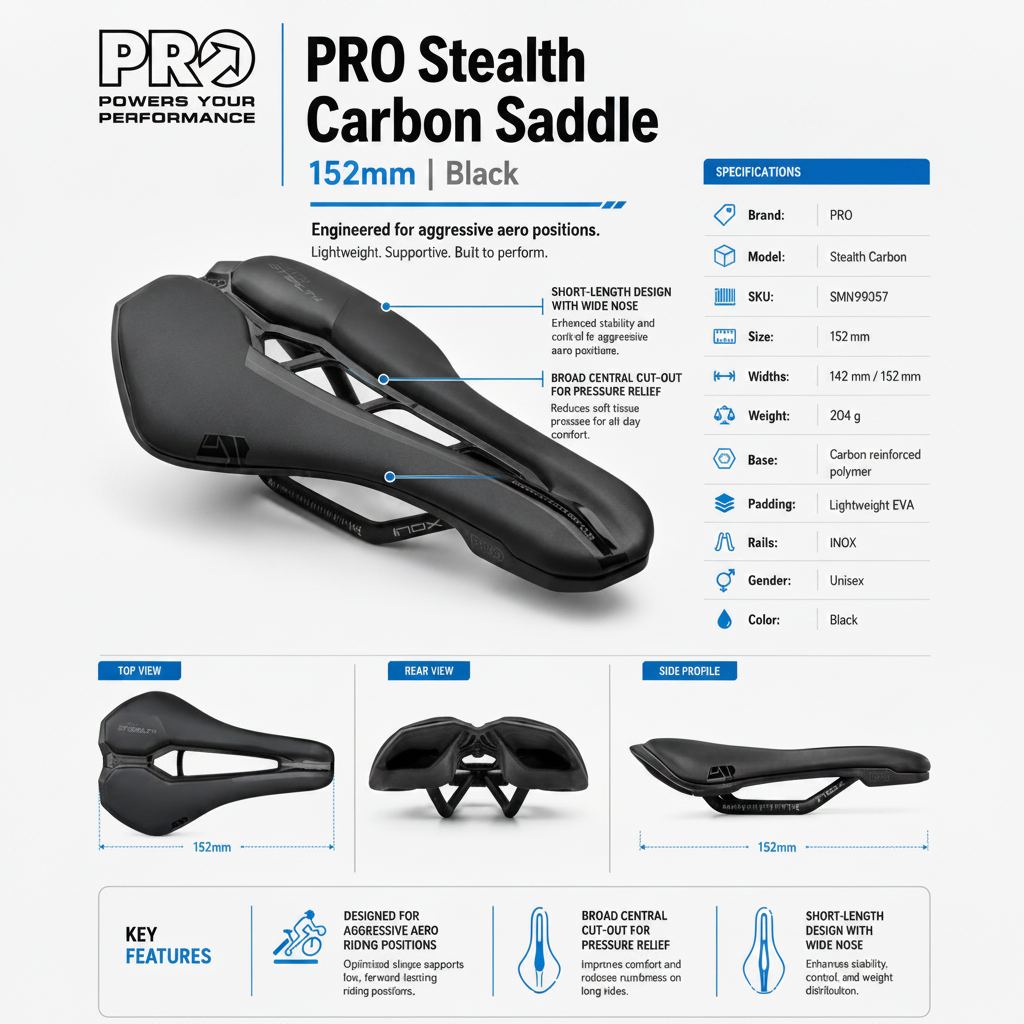 PRO Stealth Carbon Saddle with specifications and features on a white background