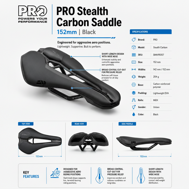 PRO Stealth Carbon Saddle with specifications and features on a white background