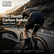 Cyclist on a road bike with PRO Stealth Carbon Saddle in the foreground, set against a mountainous landscape.